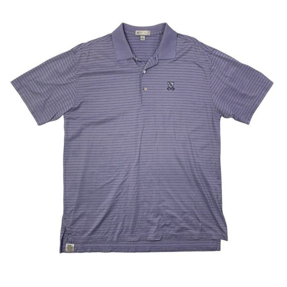 Peter Millar Polo Shirt Mens M Purple Cotton Black Striped Short Sleeve High Low - Picture 1 of 9